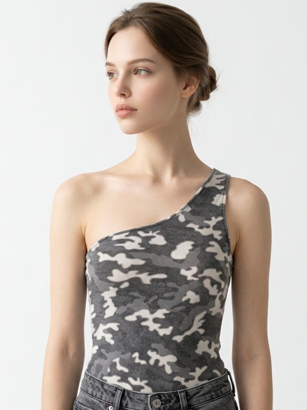 LE LIS | One-Shoulder Gray Camo Tank Top Bodysuit Women’s Size Medium
